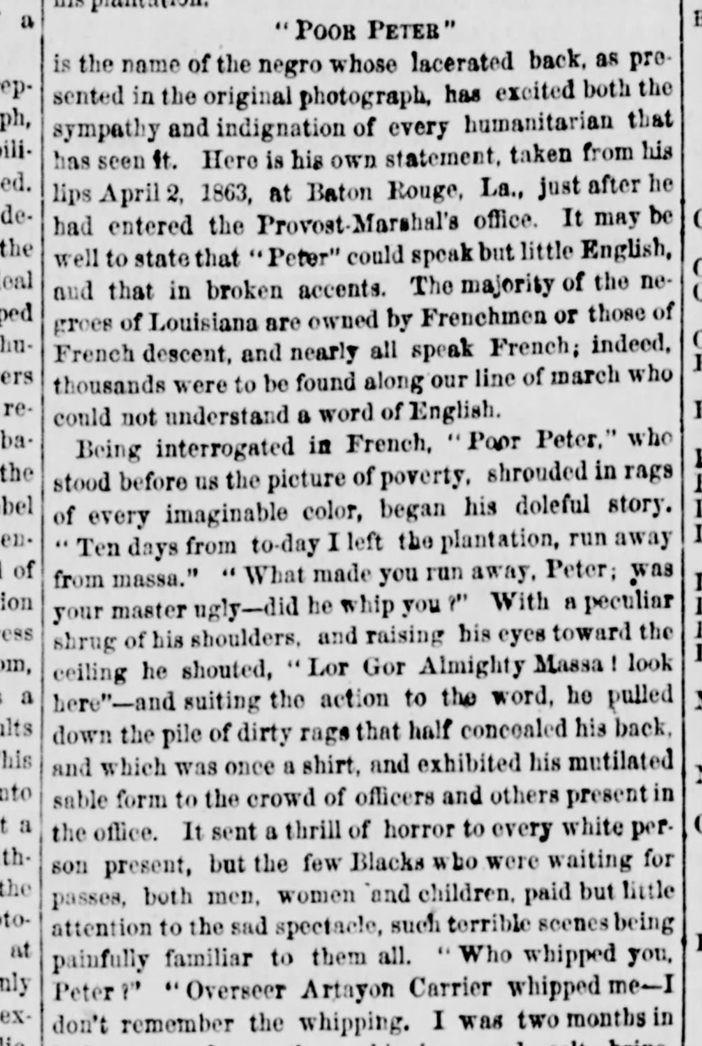 A newspaper clipping telling the story of a former slave named Peter