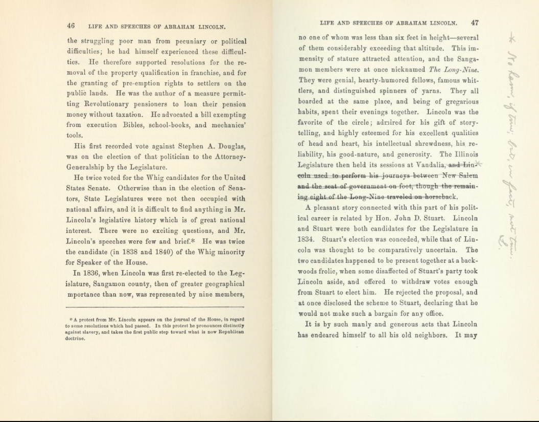 A copy of Life and Speeches of Abraham Lincoln and Hannibal Hamlin with a note by Lincoln in the margin.