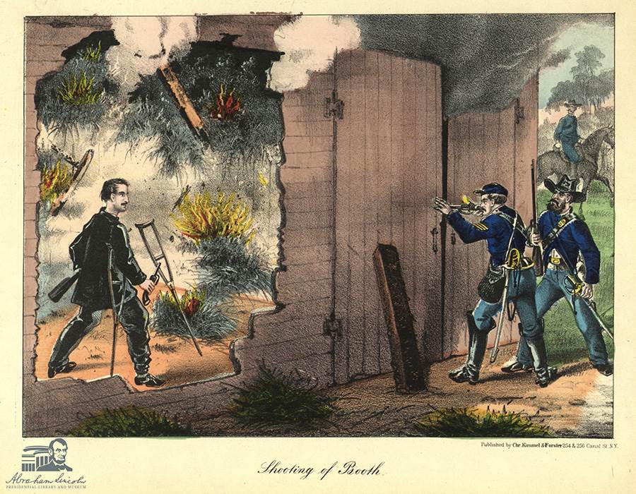 An artist's depiction of Booth in the burning barn, just before being shot.