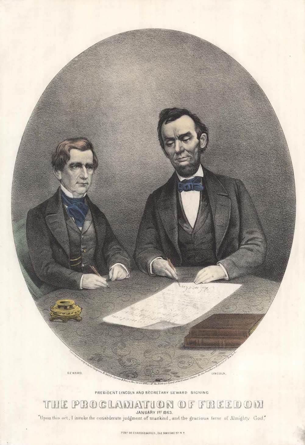 An illustration of Lincoln and Secretary of State William Seward signing the proclamation.