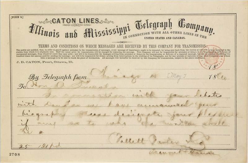 May 1860 telegram to Abraham Lincoln from publisher of unauthorized biography.