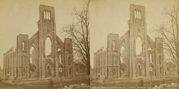 Like so many other buildings after the fire, the outer walls were all that remained of Chicago’s St. Paul’s Universalist Chur