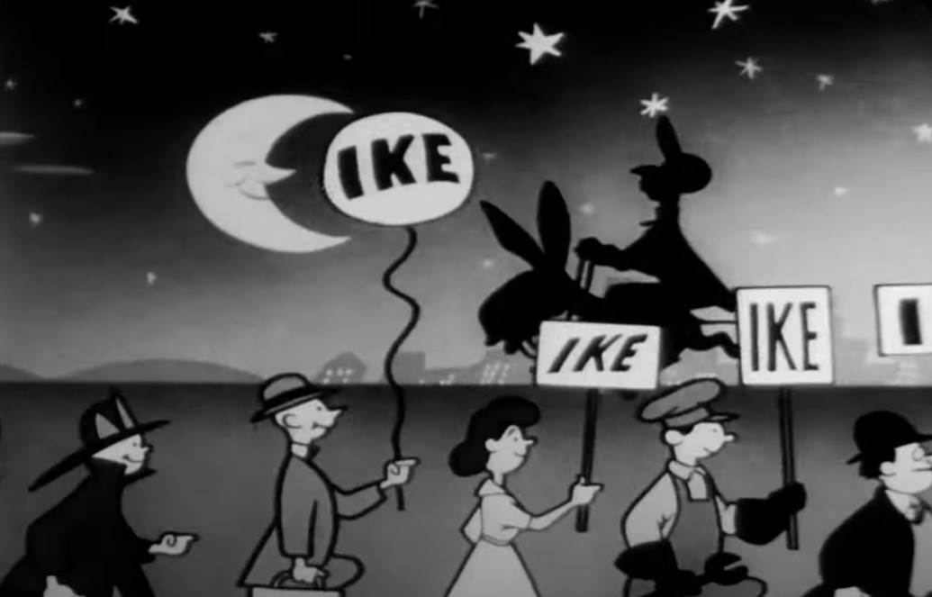 An Eisenhower campaign ad from 1952 portrayed Stevenson going the wrong way on his Democratic donkey.